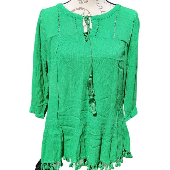 Entro -325 Anthropologie Kelly Green 3/4 Sleeve peasant blouse top Small - Picture 1 of 7